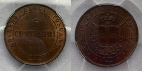 Savoia - Vittorio Emanuele II Re eletto (1859-1861) 5 Centesimi 1859 Birmingham Gig.17 Sigillata da PCGS MS64 RB
Rame Rosso
FDC