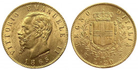 Regno d'Italia - Vittorio Emanuele II (1861-1878) 20 Lire 1865 Torino Gig.9
Migliore di SPL