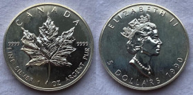 Canada Elisabetta II 5 Dollari Oncia 1990 "Foglia d'Acero" Ag 999 Km# 187
 Verrà consegnata con capsula protettiva
FDC