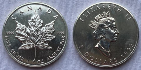 Canada Elisabetta II 5 Dollari Oncia 1992 "Foglia d'Acero" Ag 999 Km# 187
 Verrà consegnata con capsula protettiva
FDC
