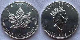 Canada Elisabetta II 5 Dollari Oncia 1994 "Foglia d'Acero" Ag 999 Km# 187
 Verrà consegnata con capsula protettiva
FDC/FONDI A SPECCHIO