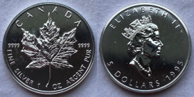 Canada Elisabetta II 5 Dollari Oncia 1995 "Foglia d'Acero" Ag 999 Km# 187
 Verrà consegnata con capsula protettiva
FDC/FONDI A SPECCHIO