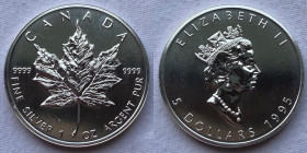 Canada Elisabetta II 5 Dollari Oncia 1995 "Foglia d'Acero" Ag 999 Km# 187
 Verrà consegnata con capsula protettiva
FDC/FONDI A SPECCHIO