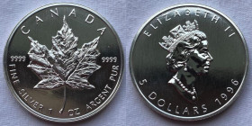 Canada Elisabetta II 5 Dollari Oncia 1996 "Foglia d'Acero" Ag 999 Km# 187
 Verrà consegnata con capsula protettiva
FDC/FONDI A SPECCHIO