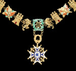 Spain, Order of Carlos III, Grand Cross Collar and Collar badge, third quarter of the 20th century, the forty-four link collar comprising seven gilt I...