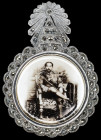 Thailand, Rama V Badge, a circular facing photograph of Chulalongkorn seated on throne holding sceptre, with crown and sunburst suspension and hinged ...