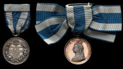 Jubilee Medal, 1887, in silver, with top bar and pin for wear showing reverse, and Jubilee Medal, 1897, in silver, mounted upon Ladies’ bow with pin f...