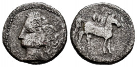 Zeugitania. Carthage. 1/2 shekel. Carthaginian mint in Bruttium. Second Punic War. (Sng Cop-359). (Jenkins-Lewis-28.3). Anv.: Wreathed head of Tanit l...