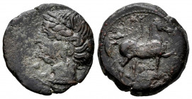 North Africa. Carthage. AE 21. 241-221 BC. (Sng Cop-328). (MAA-91). Anv.: Wreathed head of Tanit left. Rev.: Horse standing right, with foreleg raised...
