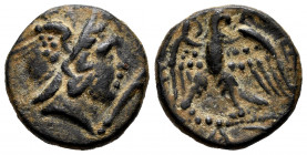 Kingdom of Macedon. Perseus. AE 17. 179-168 BC. (SNG Alpha bank-1135/42 var). Anv.: Helmeted head of Perseus right; harpa to right. Rev.: Eagle standi...