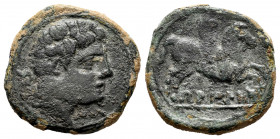 Belikiom. Half unit. 120-20 BC. Belchite (Zaragoza). (Abh-245). Anv.: Bearded head right, iberian letter BE behind. Rev.: Pegasus right, iberian legen...