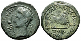 Caesaraugusta. Augustus period. Unit. 27 BC - 14 AD. Zaragoza. (Abh-324). Anv.: IMP. AVGVSTVS. XIV. Laureate head of Augustus left, lituus and simpulu...