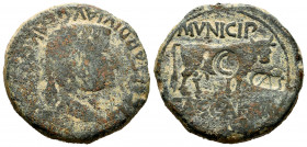 Cascantum. Time of Tiberius. Unit. 14-36 AD. Cascante (Navarra). (Abh-690). Ae. 15,40 g. Resello C sobre el toro y CA en rectángulo incuso delante. F/...