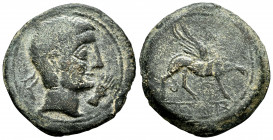 Kastilo-Castulo. Unit. 180 BC. Cazlona (Jaén). (Abh-701). (Acip-2143). Anv.: Diademed male head right, hand before. Rev.: Sphinx right, with star, leg...