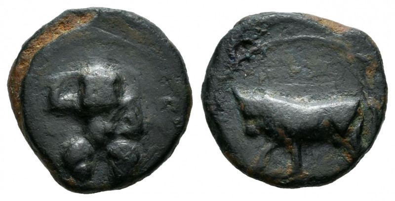 Ebusus. 1/4 calco. 300-200 BC. Ibiza. (Abh-904). Anv.: Bes, holding mace and sna...