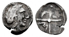 Emporiton. Tritartemorion. S. III-II a.C. Ampurias (Girona). Imitating Massalia. (Abh-1183 var). Anv.: Male head to right. Rev.: Four-spoke wheel with...