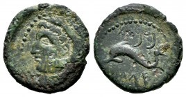 Gades-Gadir. Quadrans. 100-20 BC. Cadiz. (Abh-1356). Anv.: Head of Hercules left, club behind. Rev.: Dolphin left, trident behind and punic legend abo...