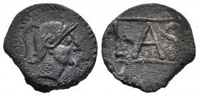 Lastigi. Quadrans. 150-50 BC. (Abh-1680). (Acip-2374). Anv.: Helmeted male head right within a laurel wreath. Rev.: Legend LAS between lines, within l...