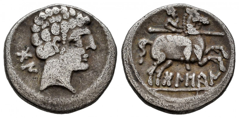 Bolskan. Denarius. 180-20 BC. Huesca. (Abh-1911). Anv.: Bearded head right, iber...