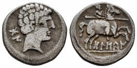 Bolskan. Denarius. 180-20 BC. Huesca. (Abh-1911). Anv.: Bearded head right, iberian letters BON behind. Rev.: Horseman right, holding spear, iberian l...