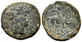 Kese. Unit. 110-20 BC. Tarragona. (Abh-2350). Anv.: Male head right, iberian letter BE behind. Rev.: Horseman right, holding palm, iberian legend KESS...