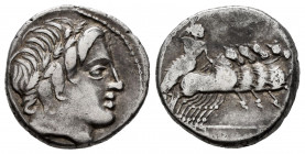 Anonymous. Denarius. 86 BC. Rome. (Ffc-85). (Craw-350/A2). (Cal-59). Anv.: Laureate head of Apolo Vejovis right, (thunderbolt) below. Rev.: Jupiter in...
