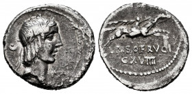 Calpurnius. L. Calpurnius Piso Frugi. Denarius. 90-89 BC. Rome. (Ffc-254). (Cal-307k). Anv.: Laureate head of Apolo right, symbol behind head, X below...