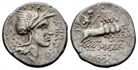 Curtius. Quintus Curtius. Denarius. 116-115 BC. Norte de Italia. (Ffc-670). (Craw-285/2). (Cal-535). Anv.: Head of Roma right, X behind, Q. CVRT befor...