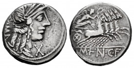 Fannius. Mareius Fannius C.f. Denarius. 123 BC. Auxiliary mint of Rome. (Ffc-705). (Craw-275/1). (Cal-576). Anv.: Head of Roma right, X below chin, RO...