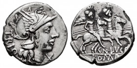 Lucretius. Cnaeus Lucretius Trio. Denarius. 136 BC. Rome. (Ffc-822). (Craw-237/1). (Cal-910). Anv.: TRIO behind head of Roma right, X below chin. Rev....