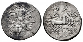 Papirius. Papirius Carbo. Denarius. 122 BC. Auxiliary mint of Rome. (Ffc-958). (Craw-279/1). (Cal-1062). Anv.: Head of Roma right, X behind. Rev.: Jup...