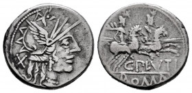 Plutius. C. Plutius. Denarius. 121 BC. Auxiliary mint of Rome. (Ffc-1009). (Craw-278/1). (Cal-1136). Anv.: Head of Roma right, X behind. Rev.: The Dio...