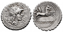 Pomponius. L. Pomponius Cn. f. Denarius. 118 BC. Narbo. (Ffc-1027). (Craw-282/4). (Cal-1174). Anv.: L. POMPONI. CNF. (NF interlace), around head of Ro...