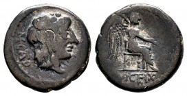 Porcius. Quinarius. 89 BC. Rome. (Craw-343/2). Anv.: M·CATO Ivy wreathed head of Liber right. Rev.: Victory seated right, holding patera in right hand...