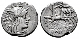 Porcius. Marcius Porcius Laeca. Denarius. 125 BC. Rome. (Ffc-1051). (Craw-270/1). (Cal-1197). Anv.: Head of Roma right, X below chin, LAECA behind. Re...