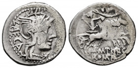 Porcius. Marcius Porcius Laeca. Denarius. 125 BC. Rome. (Ffc-1051). (Craw-270/1). (Cal-1197). Anv.: Head of Roma right, X below chin, LAECA behind. Re...