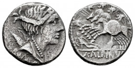 Postumius. Aulus Postumius Albinus. Denarius. 96 BC. Auxiliary mint of Rome. (Ffc-1065). (Craw-335/9). (Cal-1210). Anv.: ROMA below diademed bust of D...
