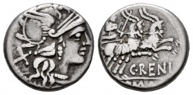 Reinas. C. Renius. Denarius. 138 BC. Rome. (Ffc-1088). (Craw-231/1). (Cal-1230). Anv.: Head of Roma right, X behind. Rev.: Juno Caprotina in biga of g...