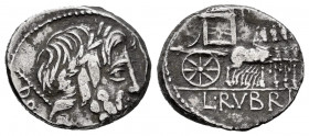 Rubrius. L. Rubrius Dossenus. Denarius. 87 BC. Rome. (Ffc-1091). (Craw-348/1). (Cal-1232). Anv.: Laur head of Jupiter right, sceptre behind, DO(SSEN) ...