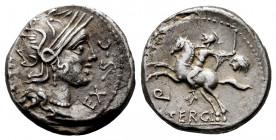 Sergius. M. Sergius Silus. Denarius. 116-115 BC. Norte de Italia. (Ffc-1111). (Craw-286/1). (Cal-1271). Anv.: Head of Roma right, EX. S.C. before, ROM...