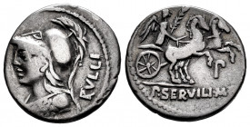 Servilius. P. Servilius M.f. Rullus. Denarius. 100 BC. Norte de Italia. (Ffc-1118). (Craw-328/1). (Cal-1277). Anv.: Bust of Minerva Ieft, wearing cres...