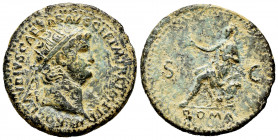 Nero. Dupondius. 65 AD. Rome. (Ric-293). Anv.: NERO CLAVD CAESAR AVG GER P M TR P IMP P P, radiate head to right. Rev.: Roma, helmeted and in military...