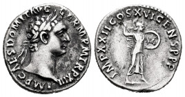 Domitian. Denarius. 88-89 AD. Rome. (Ric-137). Rev.: IMP XXII COS XVI CENS P P P. Minerva right in attack position. Ag. 3,34 g. Dark patina. Choice VF...