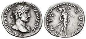 Hadrian. Denarius. 121 AD. Rome. (Spink-3516). (Ric-67). (Seaby-1073). Rev.: PM TR P COS III. Mars advancing to right with spear and trophy. Ag. 3,06 ...