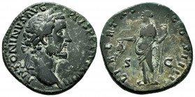 Antoninus Pius. Sestercio. 154-155 AD. Rome. (Spink-4192). (Ric-929). (Ch-543). Rev.: LIBERTAS COS IIII SC. Libertas standing to left, holding pileus ...