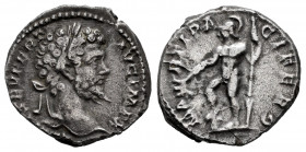 Septimius Severus. Denarius. 198 AD. Rome. (Ric-133a). Anv.: L SEPT SEV PERT AVG IMP X, laureate head of Septimius Severus right. Rev.: MARTI PACIFERO...