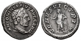 Caracalla. Denarius. 213-217 AD. Rome. (Ric-311b). Anv.: ANTONINVS PIVS AVG GERM, laureate head right. Rev.: VENVS VICTRIX, Venus standing left, holdi...