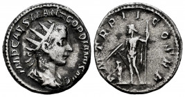 Gordian III. Antoninianus. 239 AD. Rome. (Spink-8631). (Ric-16). (Seaby-189). Rev.: P M TR P II COS P P, Jupiter, nude, standing facing, head left, wi...