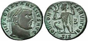 Constantinus I. Follis. 311 AD. Siscia. (Spink-15934). Rev.: IOVI CONSERVATORI / SIS. Jupiter standing to left, Victory on globe in right hand; eagle ...