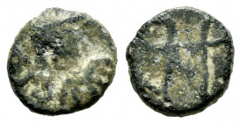 Nummus. Century VI. Emerita (Mérida). (Cru-Group C, Type 164/5). Anv.: Bust to right, around CIV (ITA). Rev.: Monogram formed by an M with ties at the...